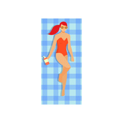 Cute sexy red hair girl sunbathing on towel