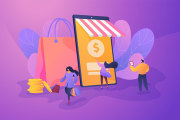 Smart retail, retail mobility solutions, IoT and smart city concept. Vector isolated concept illustration with tiny people and floral elements. Hero image for website.