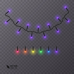 Christmas lights isolated on transparent background. Garlands colored lights Glowing lights for Xmas Holiday greeting card design.