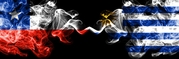 Chile, Chilean, Uruguay, Uruguayan, competition thick colorful smoky flags. America football group stage qualifications match games