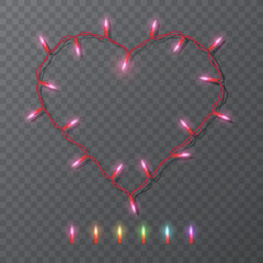 Festive blank frame with shape of heart with electric garland. Garlands colored lights Glowing lights for Valentine's day Holiday greeting card design. Realistic vector Eps 10 illustration