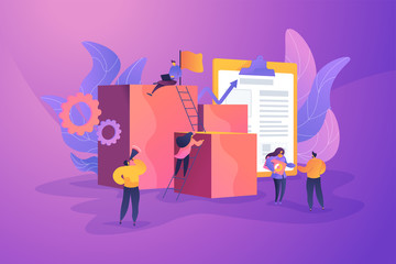 Project management, business analysis and planning, waterfall project management concept. Vector isolated concept illustration with tiny people and floral elements. Hero image for website.