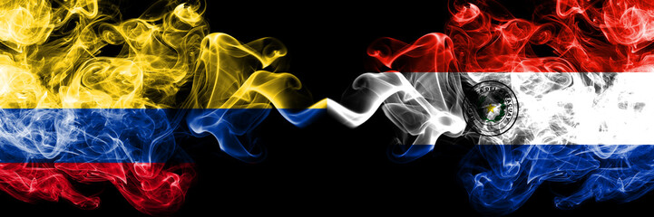 Colombia, Colombian, Paraguay, Paraguayan, competition thick colorful smoky flags. America football group stage qualifications match games