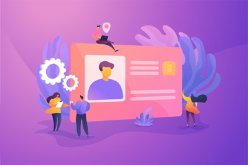 Smart ID card, electronic identity card, plastic smartcard and personal information chipcard concept. Vector isolated concept illustration with tiny people and floral elements. Hero image for website.