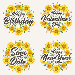 Greeting card template for happy birthday valentine's day and happy new year with flower wreath.