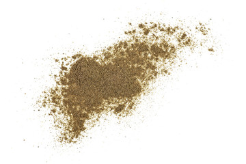 Ground black pepper isolated on white background, top view.