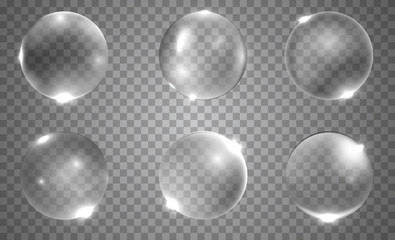 Set of realistic 3d glass ball or sphere isolated on transparent background. Vector illustration.