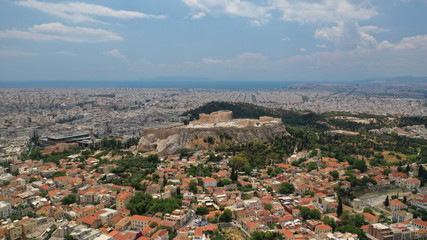 Aerial photo of Athens Metropolis urban area and iconic Acropolis hill and the Parthenon, Attica,...