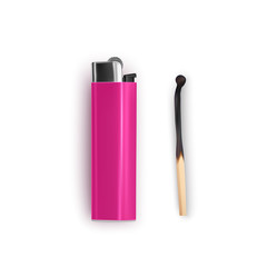 Burnt match and lighter of pink color on white background, Tools for starting fire. Small wooden stick and plastic cigar lighter