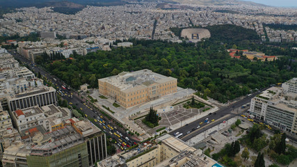 Aerial photo of famous landmark building of Greek parliament in the heart of Athens, Syntagma...