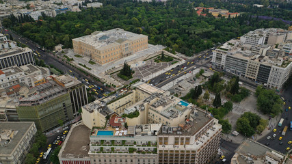 Aerial photo of famous landmark building of Greek parliament in the heart of Athens, Syntagma square, Attica, Greece