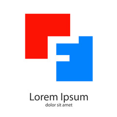 Logotipo abstracto con letra F en espacio negativo en cuadrados en azul y rojo