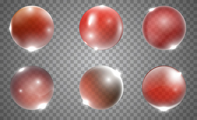 Set of realistic red 3d glass ball or sphere isolated on transparent background. Vector illustration.