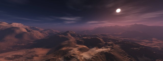 Mars panoramic view of the surface, alien landscape at sunset