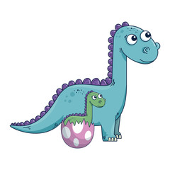Naklejka premium mother diplodocus with baby breaking the shell egg