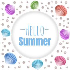 Seashell element of your design, Travel time banner. Hello Summer, holiday seashells frame. Vector illustration.