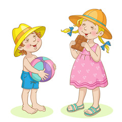 Сute girl with chocolate and funny little boy with a big ball in his hands on summer vacation