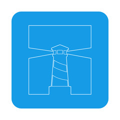 Icono plano con faro lineal en cuadrado en espacio negativo en color azul