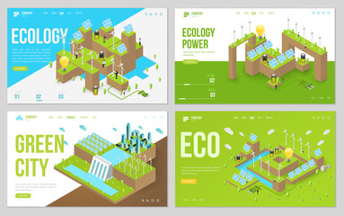 Minimal modern concept of alternative ecology energy source. Set of design web site, landing page or presentation template. Isometric vector illustration.