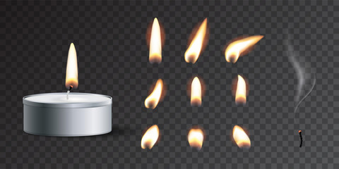 Vector realistic tea candle with fire and candle fire set isolated on transparent background.