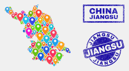 Vector bright mosaic Jiangsu Province map and grunge stamp seals. Abstract Jiangsu Province map is composed from randomized bright site positions. Stamp seals are blue,