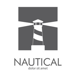 Logotipo abstracto con texto NAUTICAL con faro en cuadrado en espacio negativo en color gris
