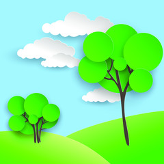 Tree and Bush on the hill. White clouds over a green meadow. Eco-friendly place to stay. vector illustration in paper cut style.