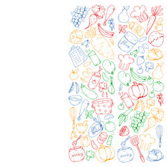 Healthy food and cooking. Fruits, vegetables, household. Doodle vector set.