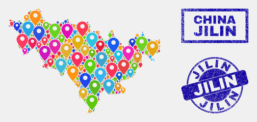 Vector colorful mosaic Jilin Province map and grunge stamp seals. Flat Jilin Province map is designed from random colorful geo markers. Stamp seals are blue, with rectangle and rounded shapes.
