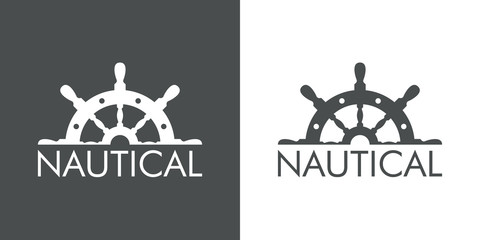Logotipo abstracto con texto NAUTICAL con medio timón arriba en gris y blanco