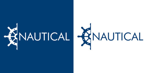 Logotipo abstracto con texto NAUTICAL con medio timón lateral en azul y blanco © teracreonte