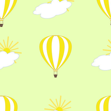 Air balloon with clouds and sun seamless pattern. Colorful air balloon background. Vector EPS10.