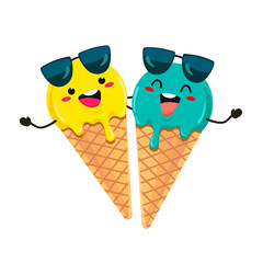 Funny ice cream with glasses in a cartoon style. Vector isolate on white background