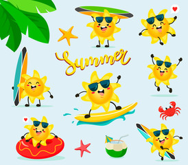 Cheerful sun is resting on the beach. Vector set in cartoon style