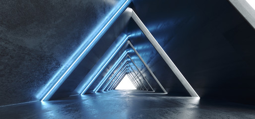 Sci Fi Future Neon Lights Laser Glowing White Blue Triangle Shaped Futuristic  Tunnel Corridor Garage Hallway Alien Spaceship Empty 3D Rendering