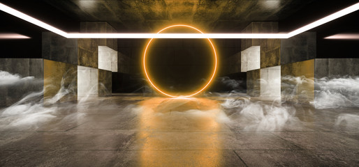 Smoke Fog Sci Fi Futuristic Virtual Graphic Neon Lights Beam Laser Vibrant Orange Glowing Tunnel Concrete Corridor Underground Spaceship 3D Rendering  Illustration