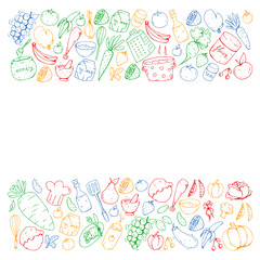 Healthy food and cooking. Fruits, vegetables, household. Doodle vector set.