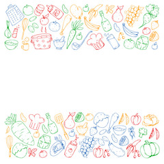 Healthy food and cooking. Fruits, vegetables, household. Doodle vector set.