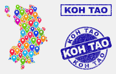 Vector colorful mosaic Koh Tao map and grunge stamps. Abstract Koh Tao map is formed from scattered colorful geo markers. Stamps are blue, with rectangle and rounded shapes.