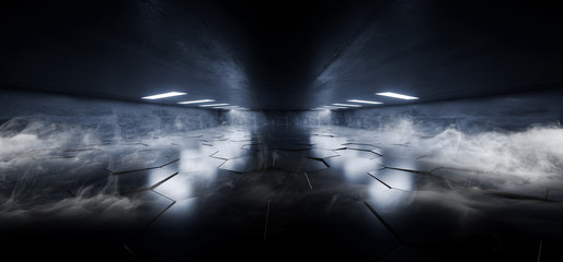 Smoke Sci Fi Futuristic Elegant Dark Underground Concrete Grunge Reflective Empty Corridor Tunnel Room Hall Garage Hexagon Tiles 3D Rendering
