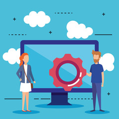 mini people with computer and gear vector illustration design vector illustrator