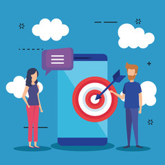 mini people with smartphone and target vector illustration design vector illustrator