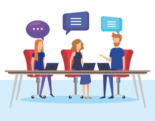 business people with speech bubbles in office vector illustration