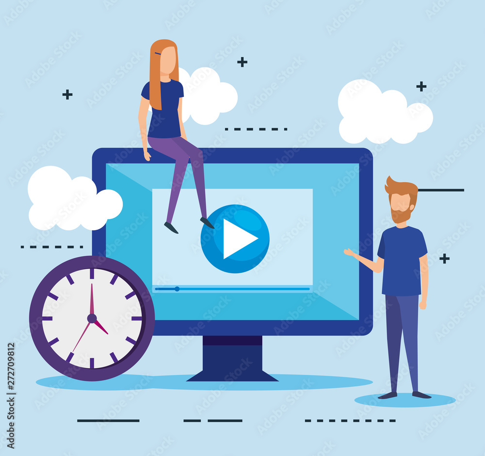 Poster mini people with computer and clock vector illustration design vector illustrator