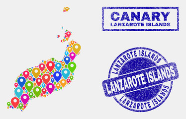 Vector colorful mosaic Lanzarote Islands map and grunge stamp seals. Abstract Lanzarote Islands map is designed from randomized colorful navigation pins. Stamp seals are blue,