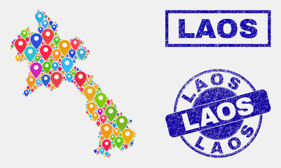 Vector colorful mosaic Laos map and grunge stamps. Abstract Laos map is created from random colorful map markers. Stamps are blue, with rectangle and rounded shapes.