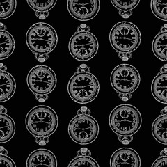 Seamless pattern of outlines of vintage pocket watches