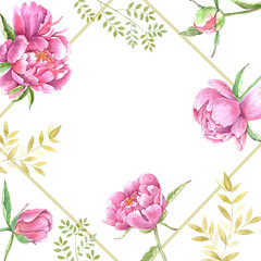 frame of watercolor flowers and buds of peonies