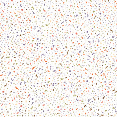 Handcrafted orange, blue and green terrazzo speckled mosaic . Dense seamless repeat vector pattern on cool white background. Perfect for wellness, cosmetic products, fabric, stationery,packaging