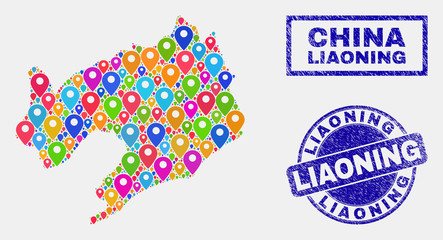 Vector colorful mosaic Liaoning Province map and grunge seals. Abstract Liaoning Province map is composed from scattered bright site pointers. Stamp seals are blue, with rectangle and rounded shapes.